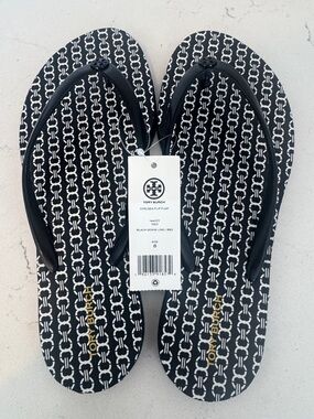 Tory Burch Black & White Interlocking Logo Flip Flops
